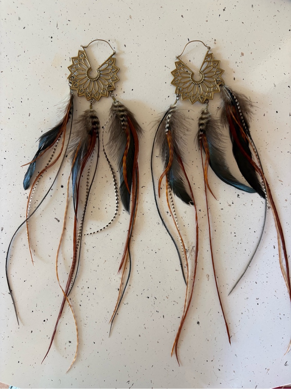 Boho Large Feather Dangle Earrings - Brass Floral Hoop Festival Summer